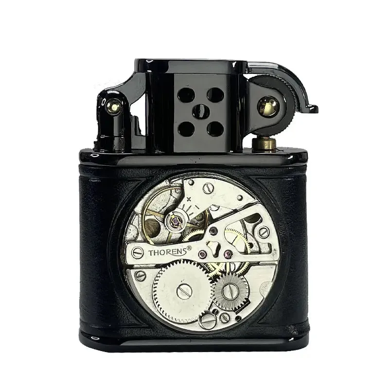 Handmade Cowhide Lighter -  Inlaid Mechanical Movement - Black
