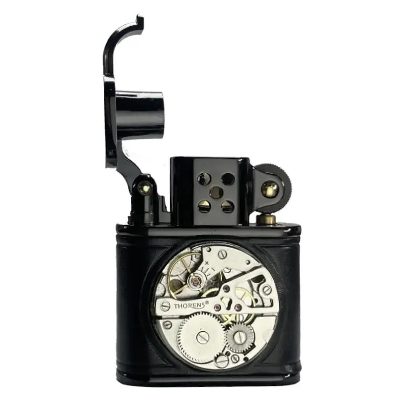 Handmade Cowhide Lighter -  Inlaid Mechanical Movement - Black