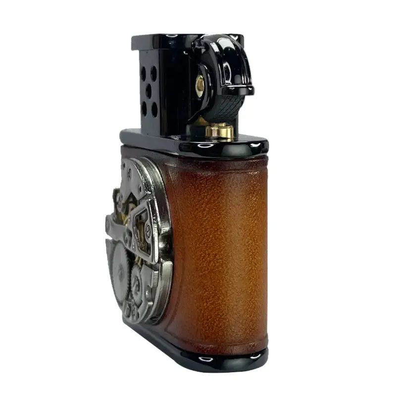 Handmade Cowhide Lighter - Inlaid Mechanical Movement - Brown And Black Color