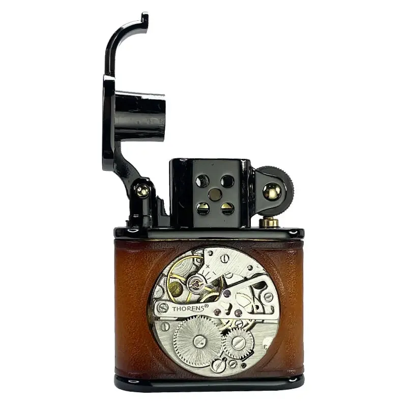 Handmade Cowhide Lighter - Inlaid Mechanical Movement - Brown And Black Color