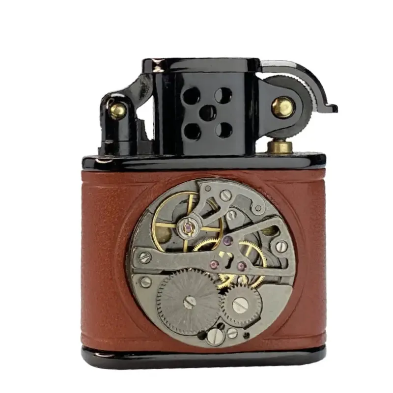 Handmade Cowhide Lighter - Inlaid Mechanical Movement - Brown