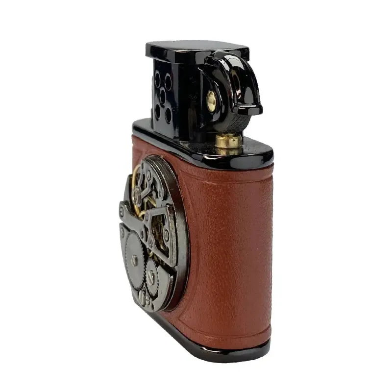 Handmade Cowhide Lighter - Inlaid Mechanical Movement - Brown