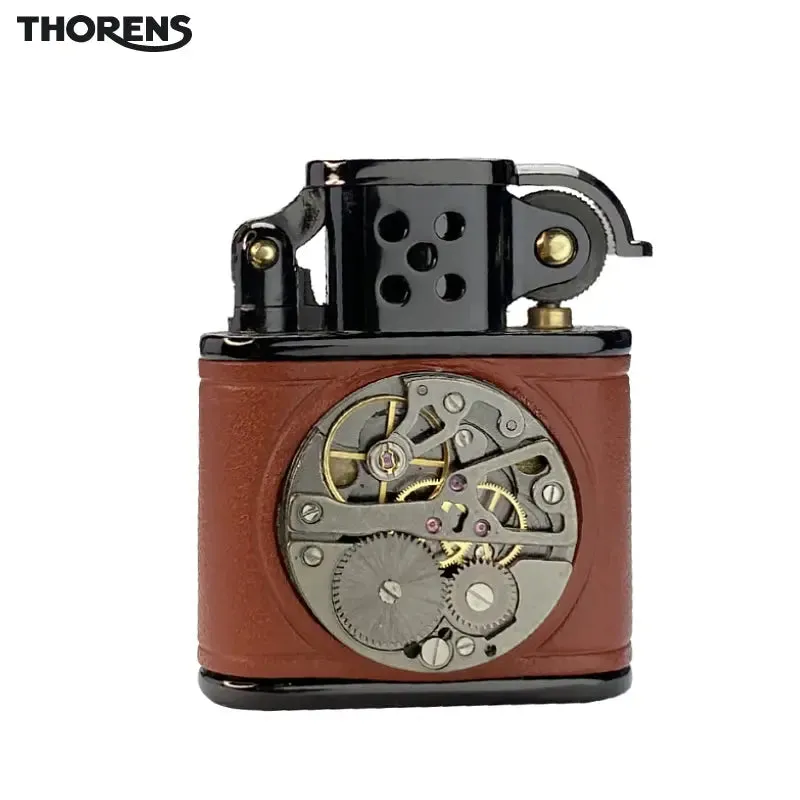 Handmade Cowhide Lighter - Inlaid Mechanical Movement - Brown
