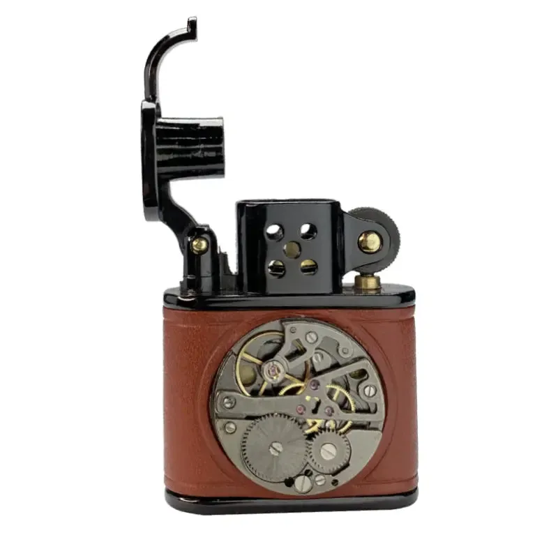 Handmade Cowhide Lighter - Inlaid Mechanical Movement - Brown