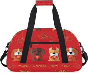 Happy Chinese New Year Gym Duffel Bag for Men Women Cute Dog Sports Tote Bag with Adjustable Shoulder Strap for Dance Gymnastics Traveling Outdoor Camping Overnight Stay