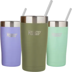 Healthy Human Stainless Steel Tumbler with Straw & Lid | Splash Proof Insulated Travel Cup | Eco-Friendly Coffee Tumblers | Water Cups with Straws Cleaner and Splash Proof Lids (20oz, Olive)
