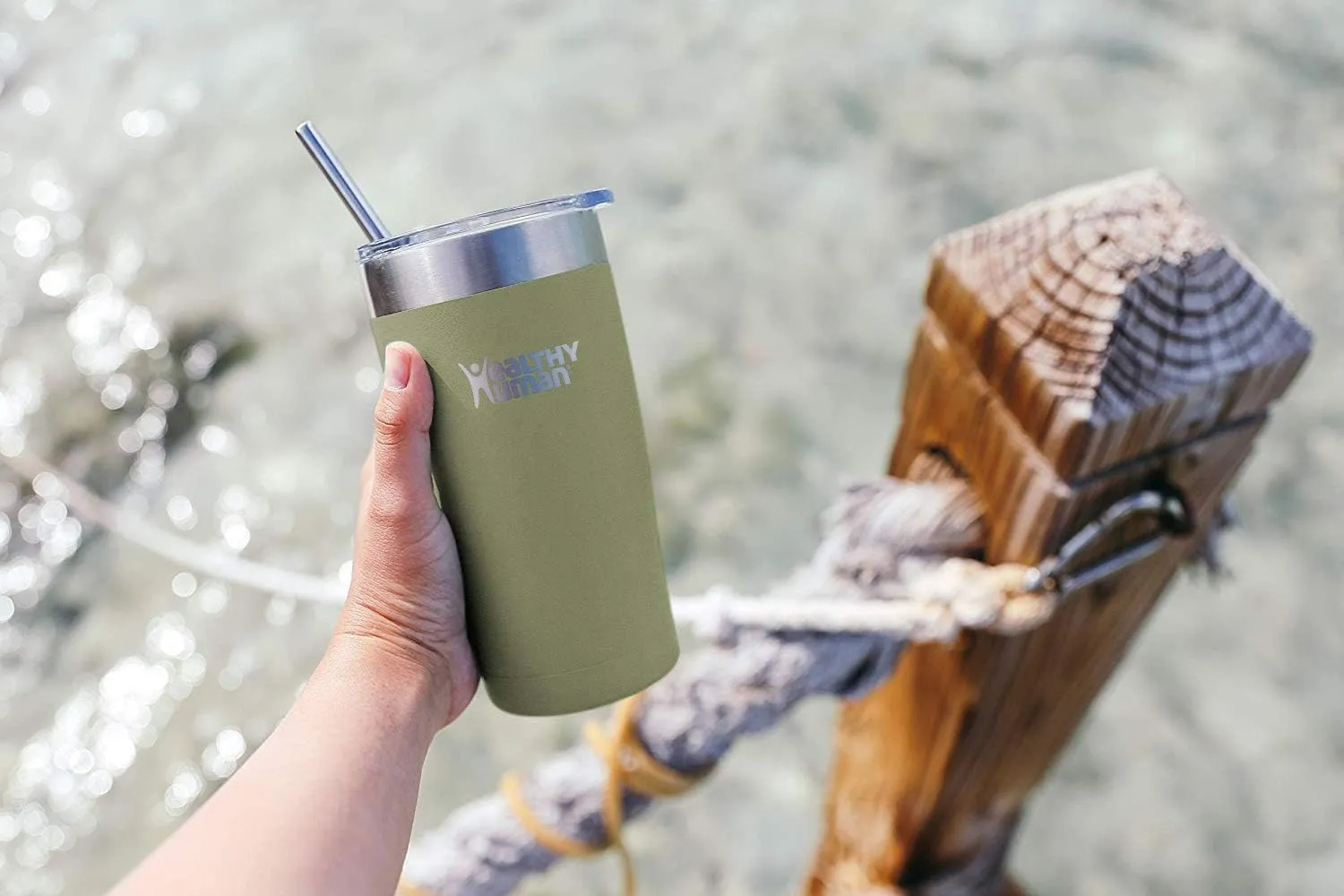 Healthy Human Stainless Steel Tumbler with Straw & Lid | Splash Proof Insulated Travel Cup | Eco-Friendly Coffee Tumblers | Water Cups with Straws Cleaner and Splash Proof Lids (20oz, Olive)