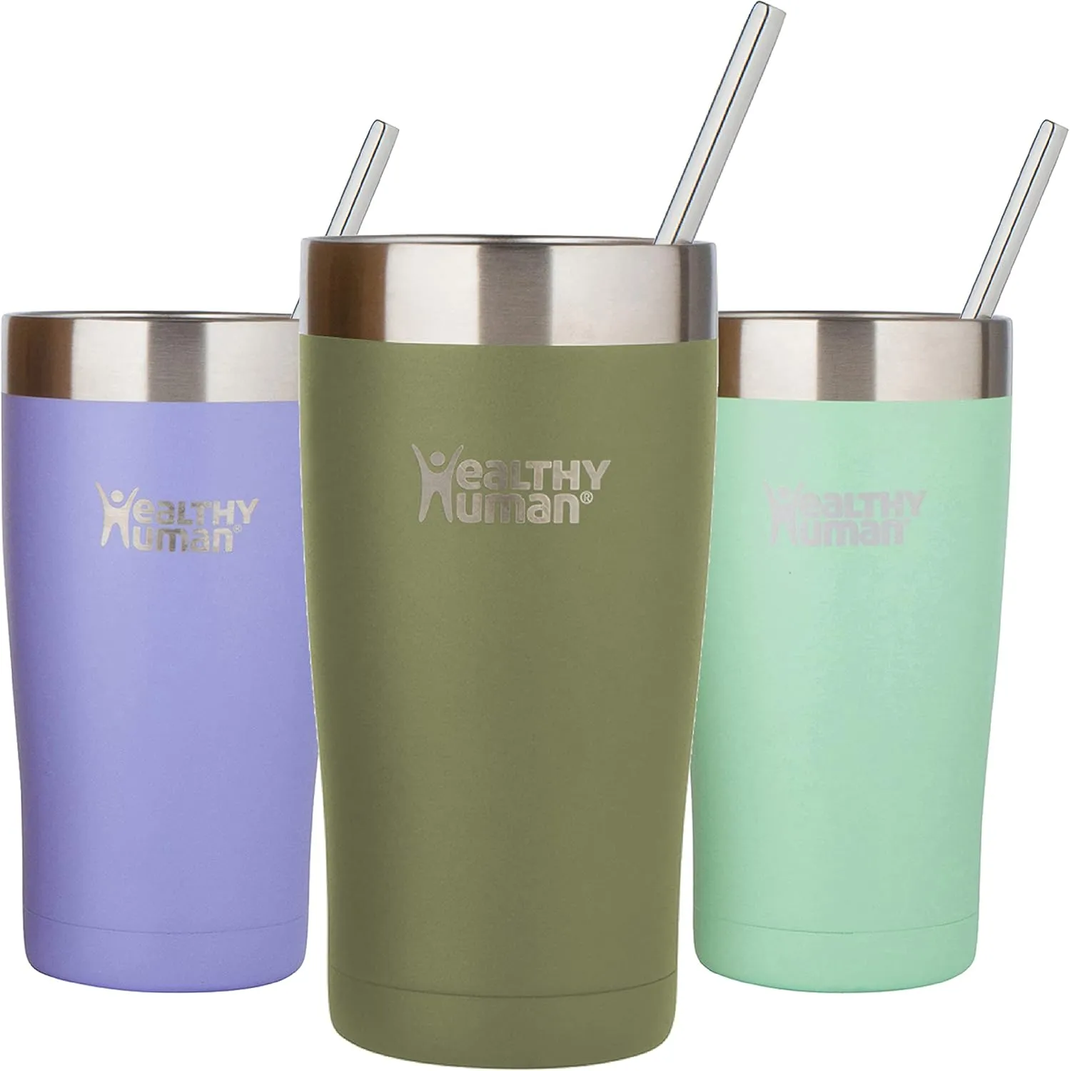 Healthy Human Stainless Steel Tumbler with Straw & Lid | Splash Proof Insulated Travel Cup | Eco-Friendly Coffee Tumblers | Water Cups with Straws Cleaner and Splash Proof Lids (20oz, Olive)