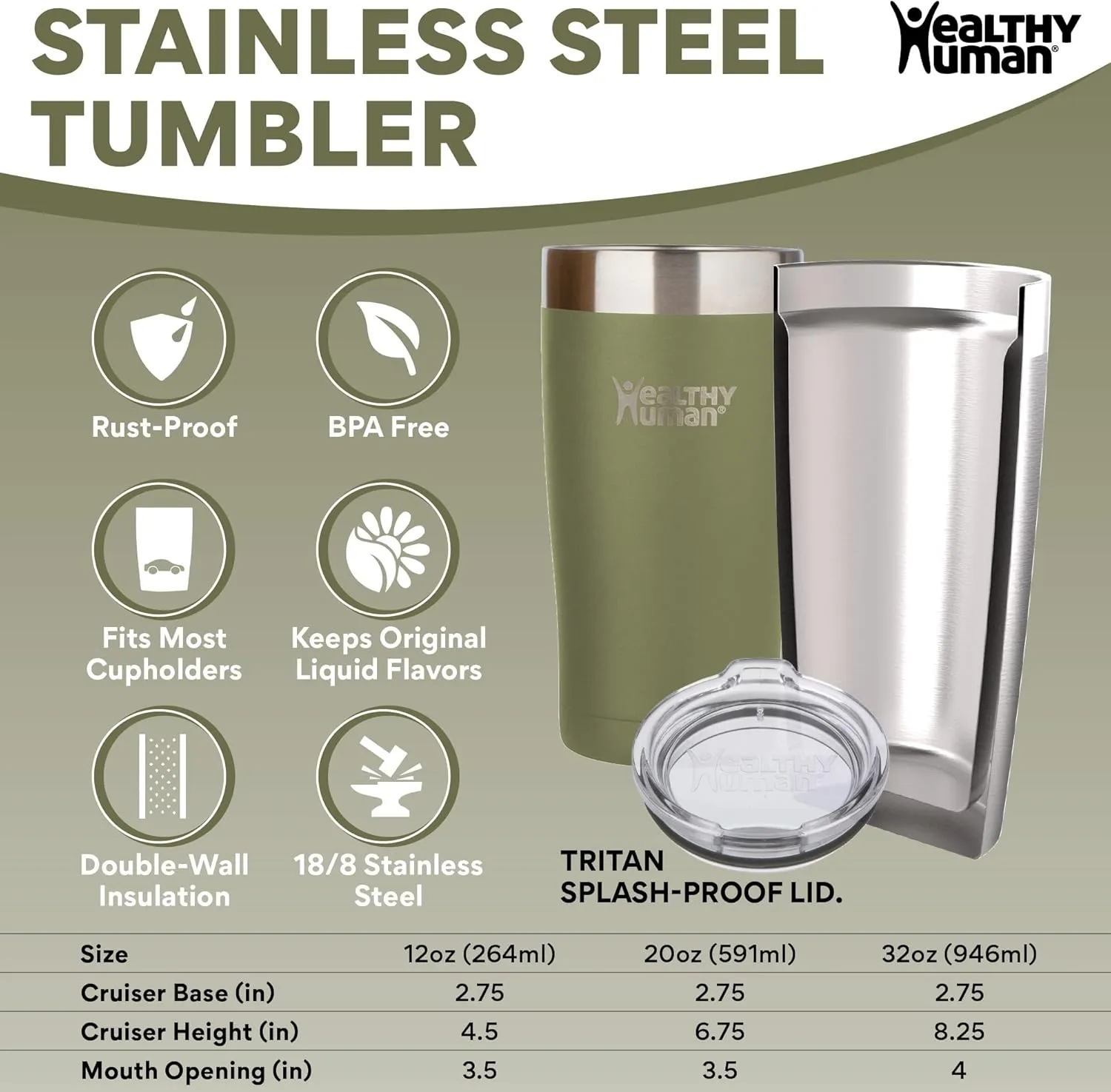 Healthy Human Stainless Steel Tumbler with Straw & Lid | Splash Proof Insulated Travel Cup | Eco-Friendly Coffee Tumblers | Water Cups with Straws Cleaner and Splash Proof Lids (20oz, Olive)