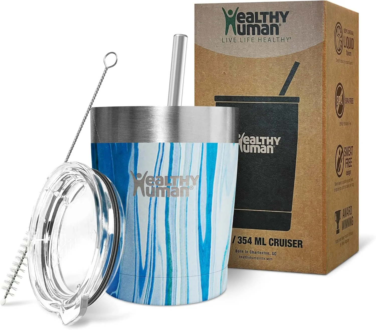 Healthy Human Stainless Steel Tumbler with Straw | Splash Proof Insulated Travel Cruiser Cup | Eco-Friendly Coffee Tumblers with Straws Cleaner & Splash Proof Lid (12oz, Ocean Tide)