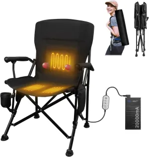 Heated Camping Chair, with 20000 mAh 12V Battery Pack, 3 Heat Levels and 3 Zone Heating, with Massage Function Outdoor Heated Folding Chair, Weight Bearing 600 lbs for Camp, Lawn,Fishing (Black)