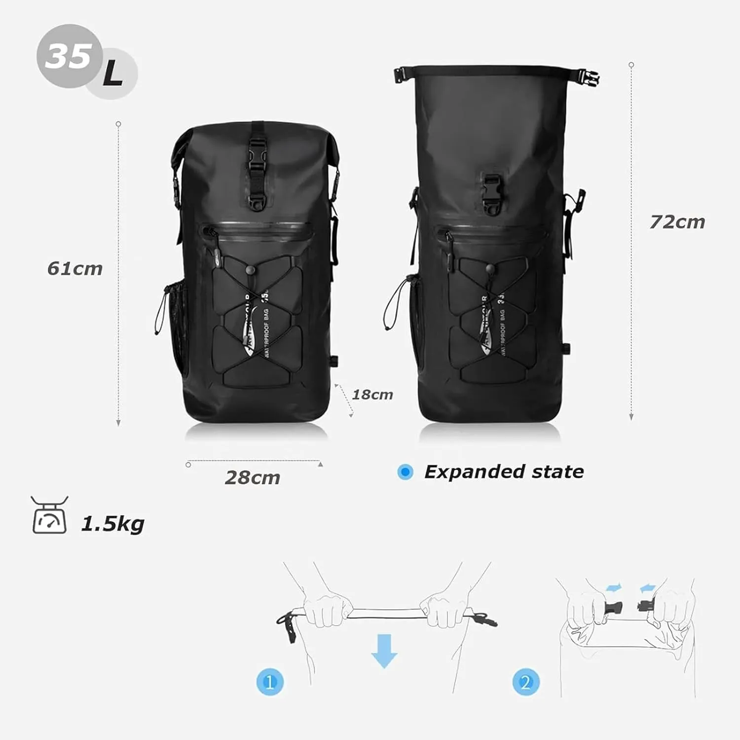 Heavy Duty Waterproof Dry Bag Backpack, 35L Roll-Top Floating Dry Bag Backpack for Kayaking, Rafting, Boating(Gray)
