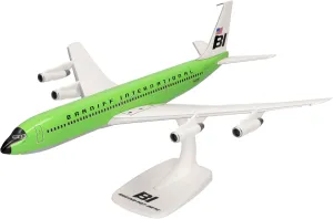 Herpa Snap-fit Airplane Model Boeing 707-300 Braniff on Scale of 1:144, Plastic Miniature with pedastal, Model Building, Collectors Edition, Colour: Lime Green