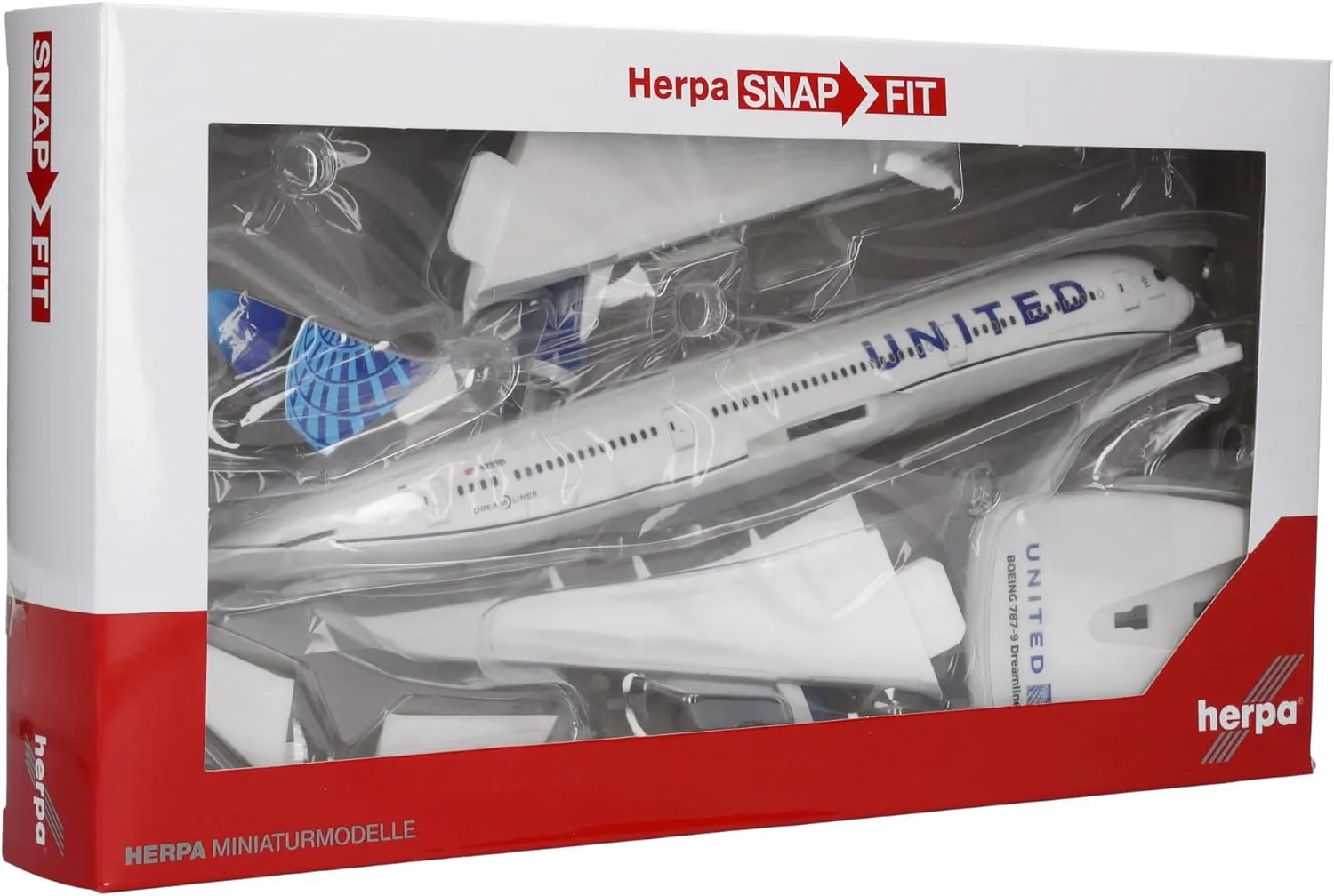 Herpa Snap-fit Airplane Model United Airlines Boeing 787-9 Dreamliner on Scale of 1:200, Plastic Miniature with pedastal, Model Building, Collectors Edition
