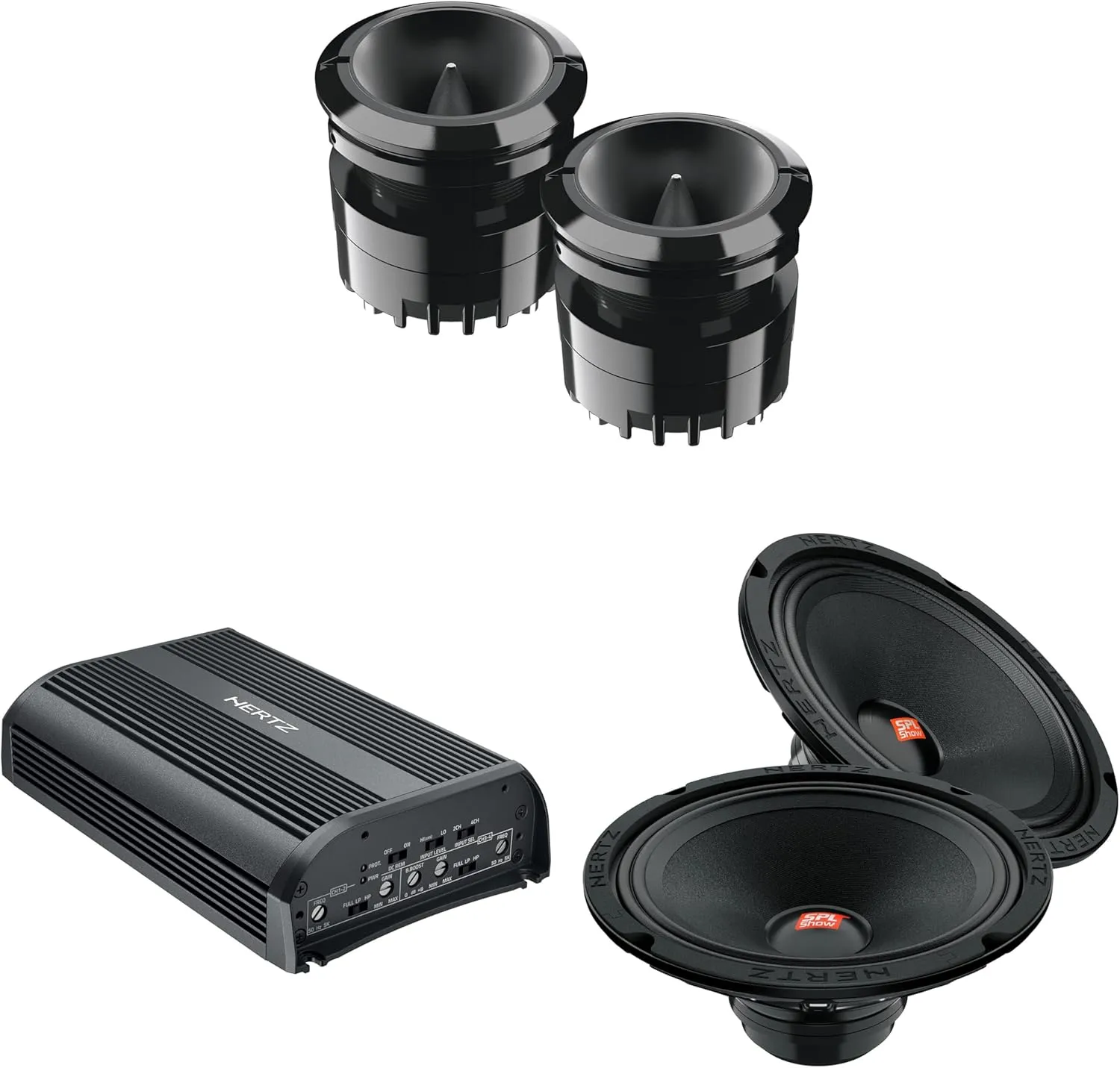 Hertz SP 4.900 D-Class 4 Channel Amplifier with 1 Pair of SV-200-NEO 8 in. (200mm) SPL 4-Ohm Midrange Speakers and 1 Pair of ST-25A-NEO 1" High Efficiency Compression Tweeters