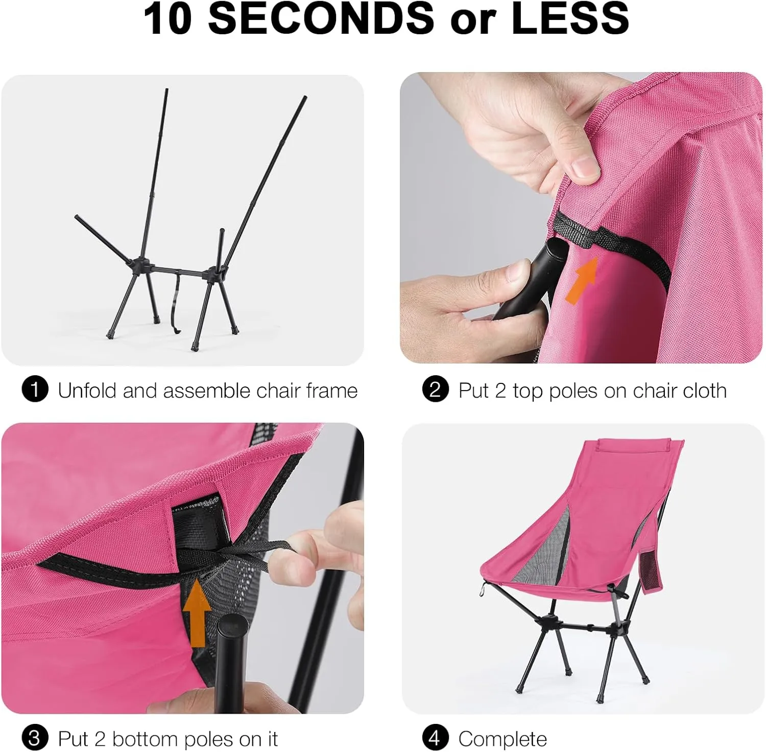 High Back Portable Camping Chair Easy to Assemble, Folding Sports Chairs for Adults Support 265lbs, Outdoor Lawn Chairs, Compact Backpack Chair for Camp Picnic, Pink