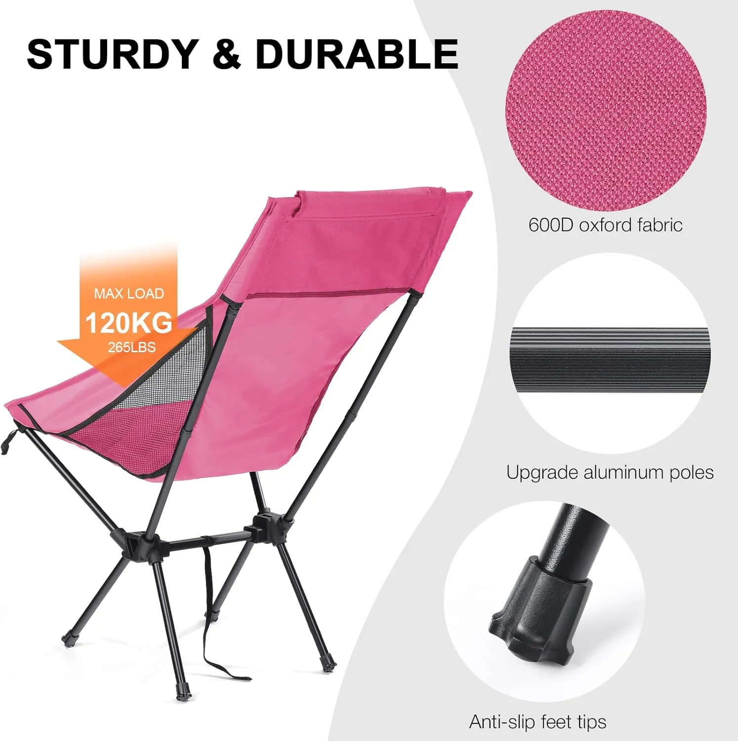 High Back Portable Camping Chair Easy to Assemble, Folding Sports Chairs for Adults Support 265lbs, Outdoor Lawn Chairs, Compact Backpack Chair for Camp Picnic, Pink