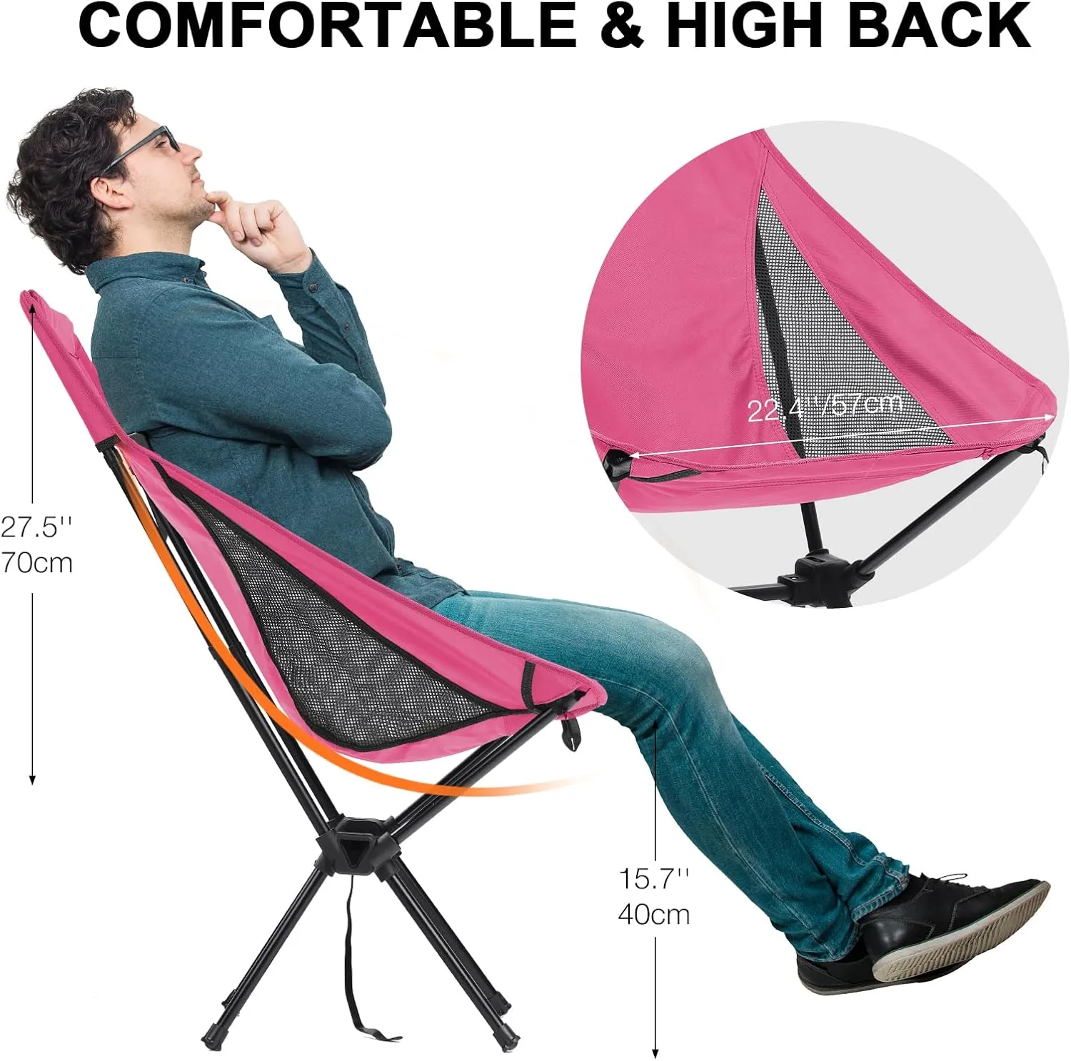 High Back Portable Camping Chair Easy to Assemble, Folding Sports Chairs for Adults Support 265lbs, Outdoor Lawn Chairs, Compact Backpack Chair for Camp Picnic, Pink