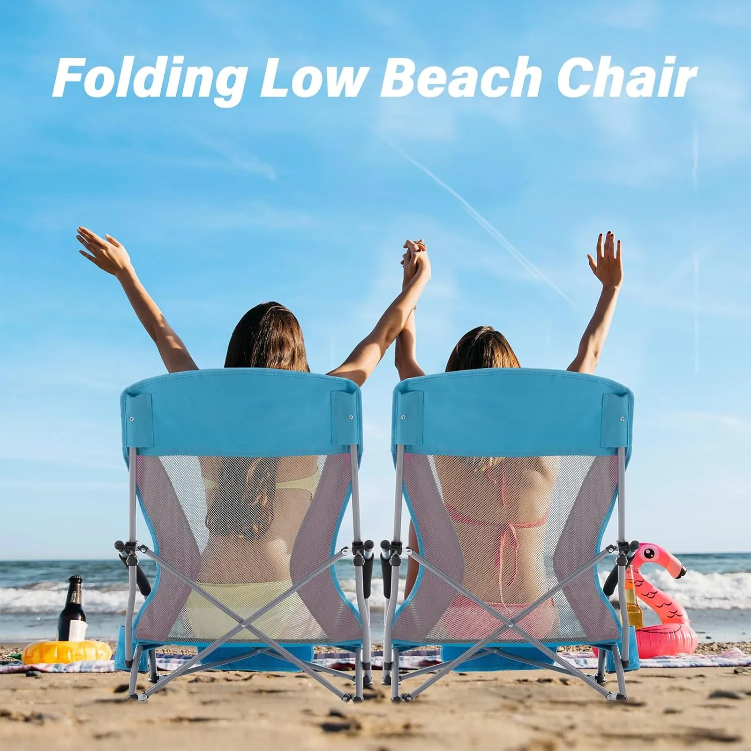 Homcosan Portable Low Folding Beach Chairs Set of 2 - Lightweight Camping Chairs for Adults with Cup Holder & Storage Pockets, Carry Bag Included (Blue & Pink)