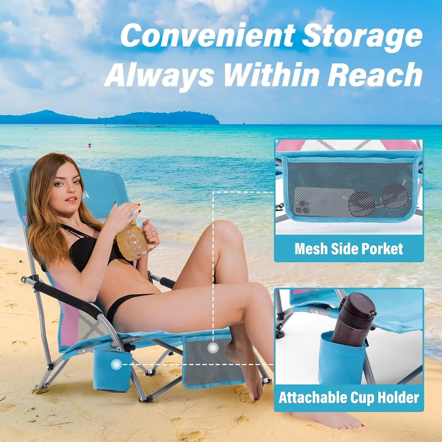 Homcosan Portable Low Folding Beach Chairs Set of 2 - Lightweight Camping Chairs for Adults with Cup Holder & Storage Pockets, Carry Bag Included (Blue & Pink)