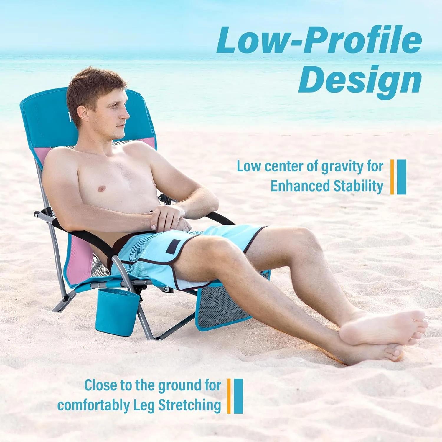 Homcosan Portable Low Folding Beach Chairs Set of 2 - Lightweight Camping Chairs for Adults with Cup Holder & Storage Pockets, Carry Bag Included (Blue & Pink)