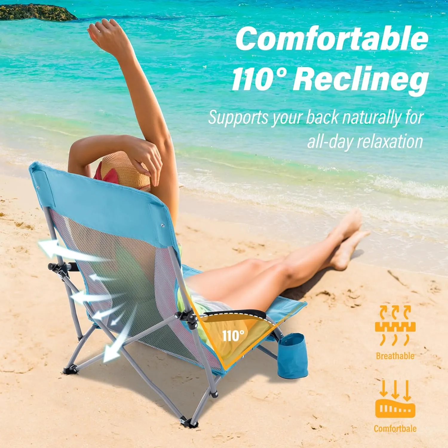 Homcosan Portable Low Folding Beach Chairs Set of 2 - Lightweight Camping Chairs for Adults with Cup Holder & Storage Pockets, Carry Bag Included (Blue & Pink)