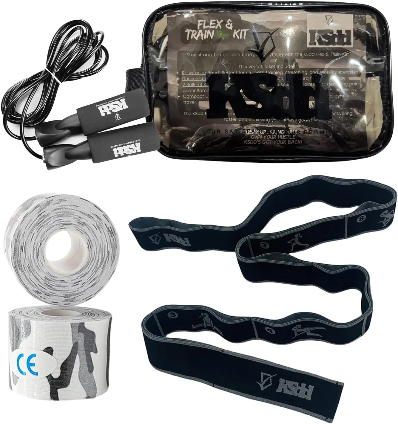 Home Suspension Training Kit – Fabric Resistance Band, 2 Rolls of Kinesiology Tape & Jump Rope – Portable Workout Equipment for Strength Training & Fitness