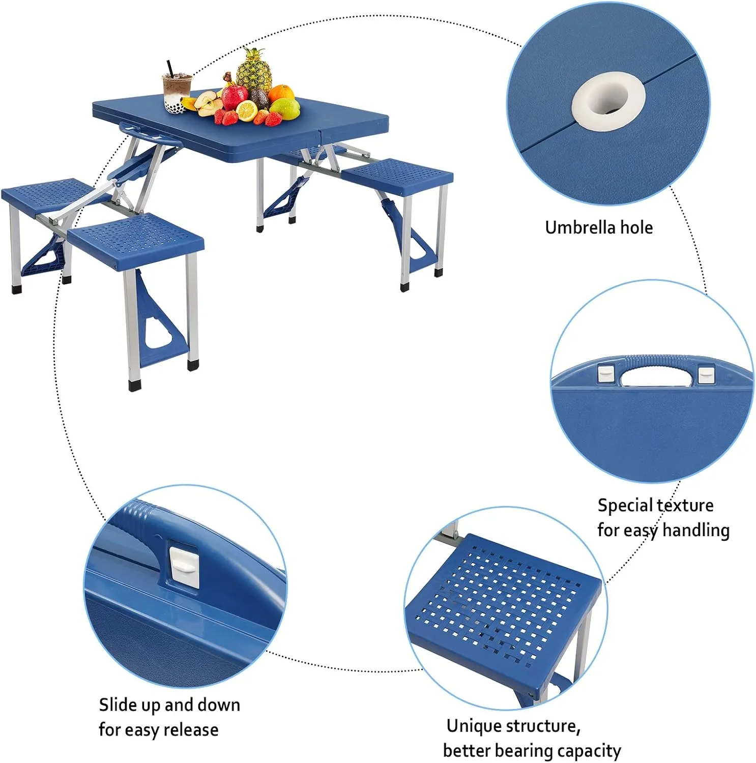 HomVent Height Adjustable Folding Table 3/4/6 Ft Fold-in-Half Multipurpose Folding Utility Table for Picnic Party Dining Camp Tables (Blue, 35.43 x 17.13 x 4.53 inch)