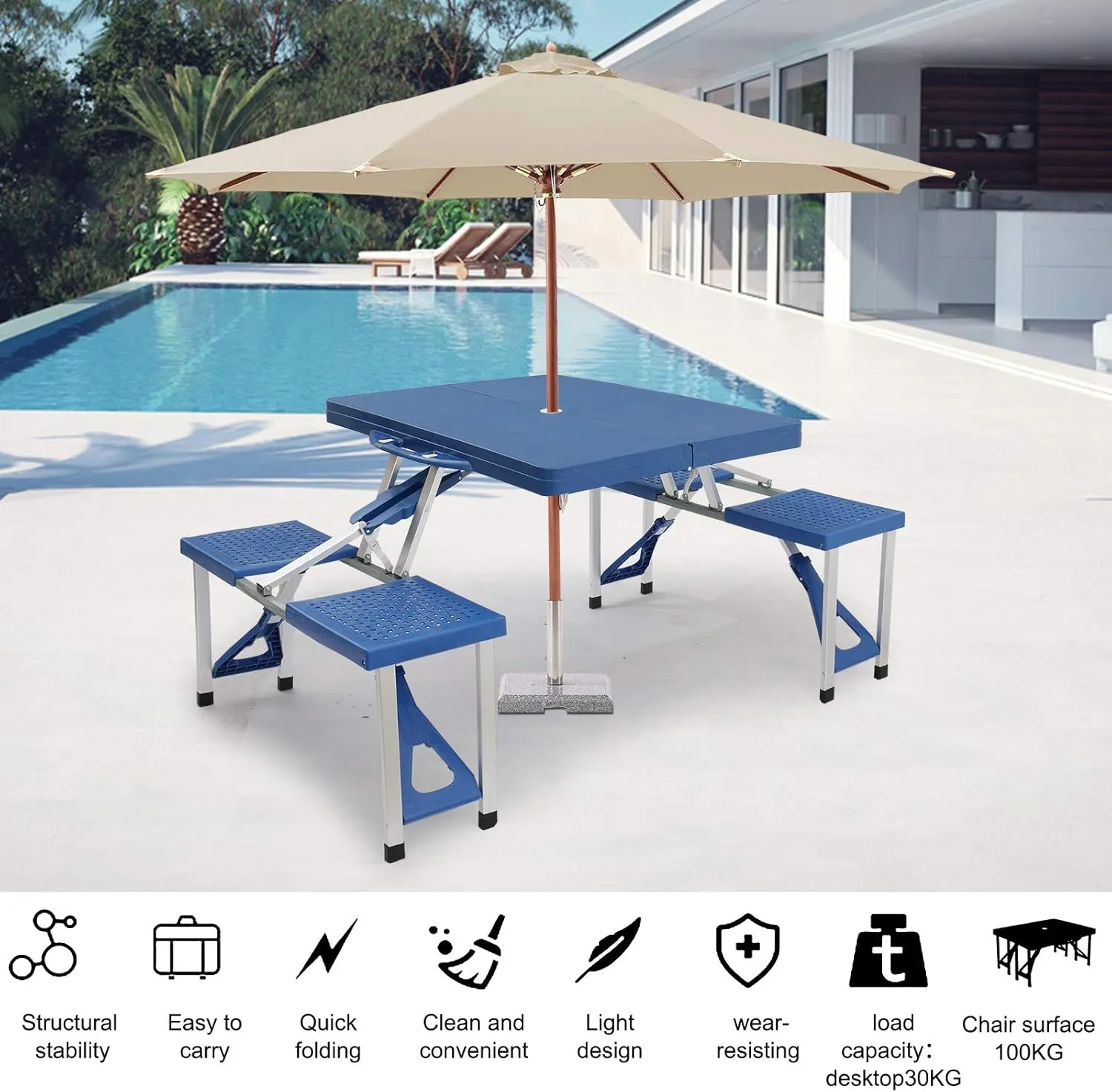 HomVent Height Adjustable Folding Table 3/4/6 Ft Fold-in-Half Multipurpose Folding Utility Table for Picnic Party Dining Camp Tables (Blue, 35.43 x 17.13 x 4.53 inch)