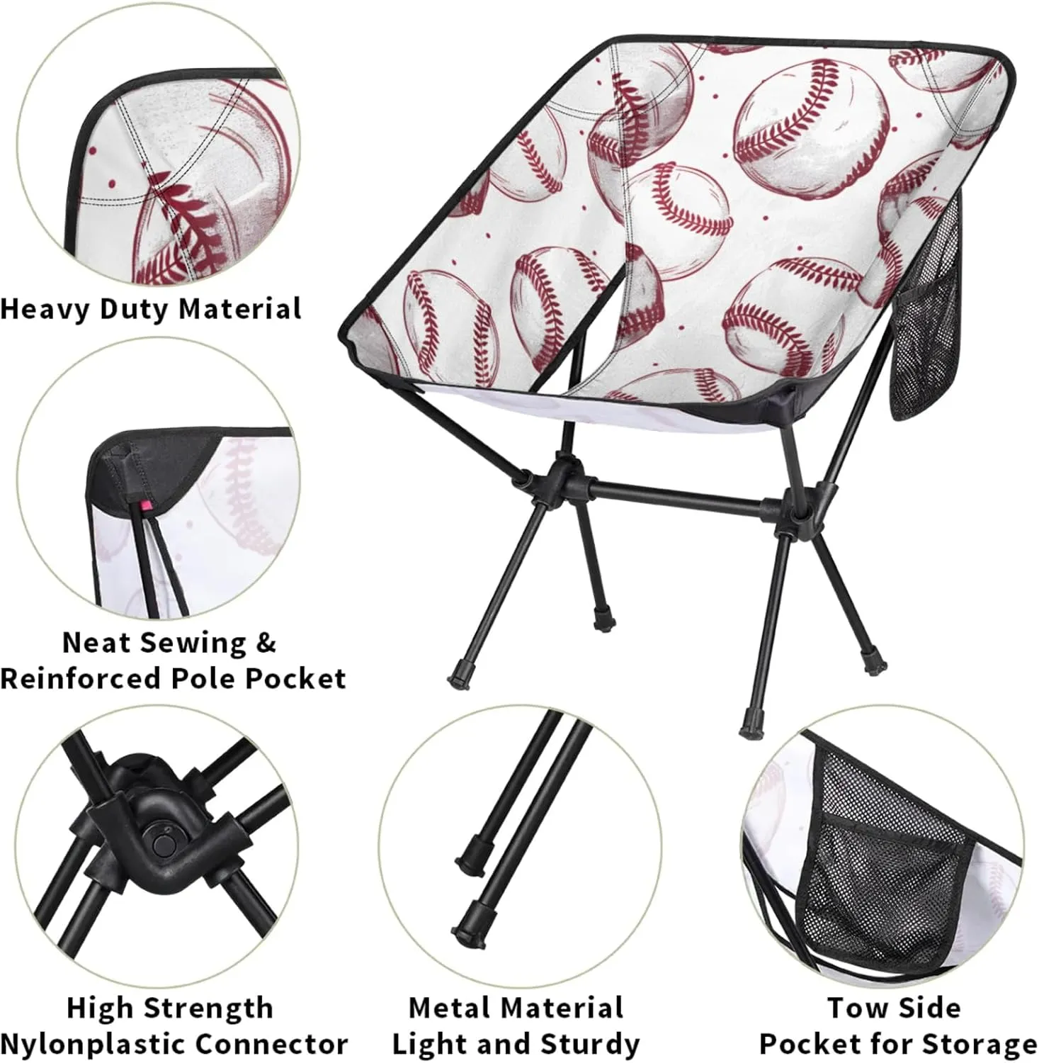 Honeybaby Folding Camping Chair Baseballs Printed Camping Chairs Lightweight Portable Chair Outdoor Foldable Chairs for Camping Travel Picnic Beach Hiking