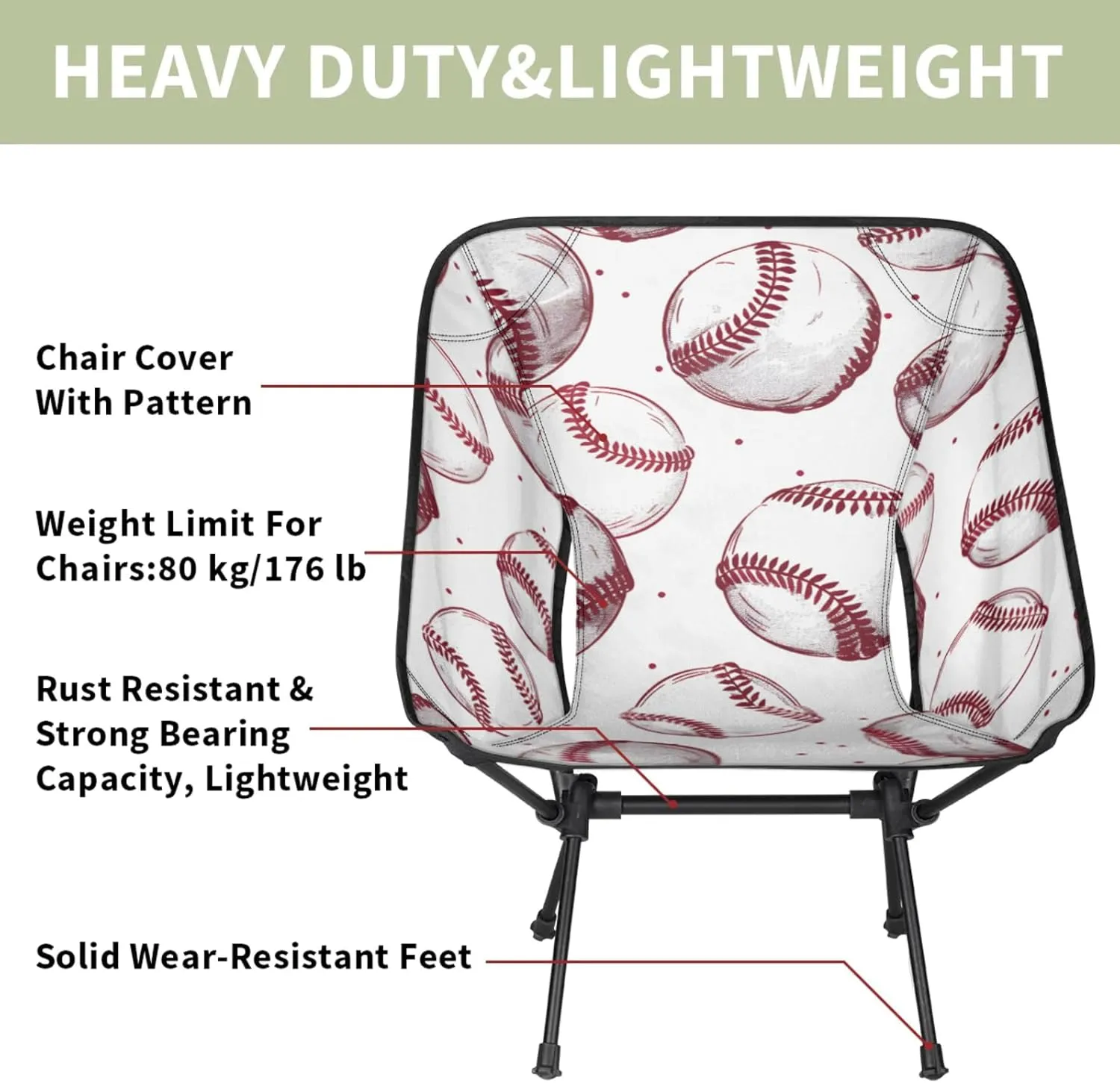 Honeybaby Folding Camping Chair Baseballs Printed Camping Chairs Lightweight Portable Chair Outdoor Foldable Chairs for Camping Travel Picnic Beach Hiking