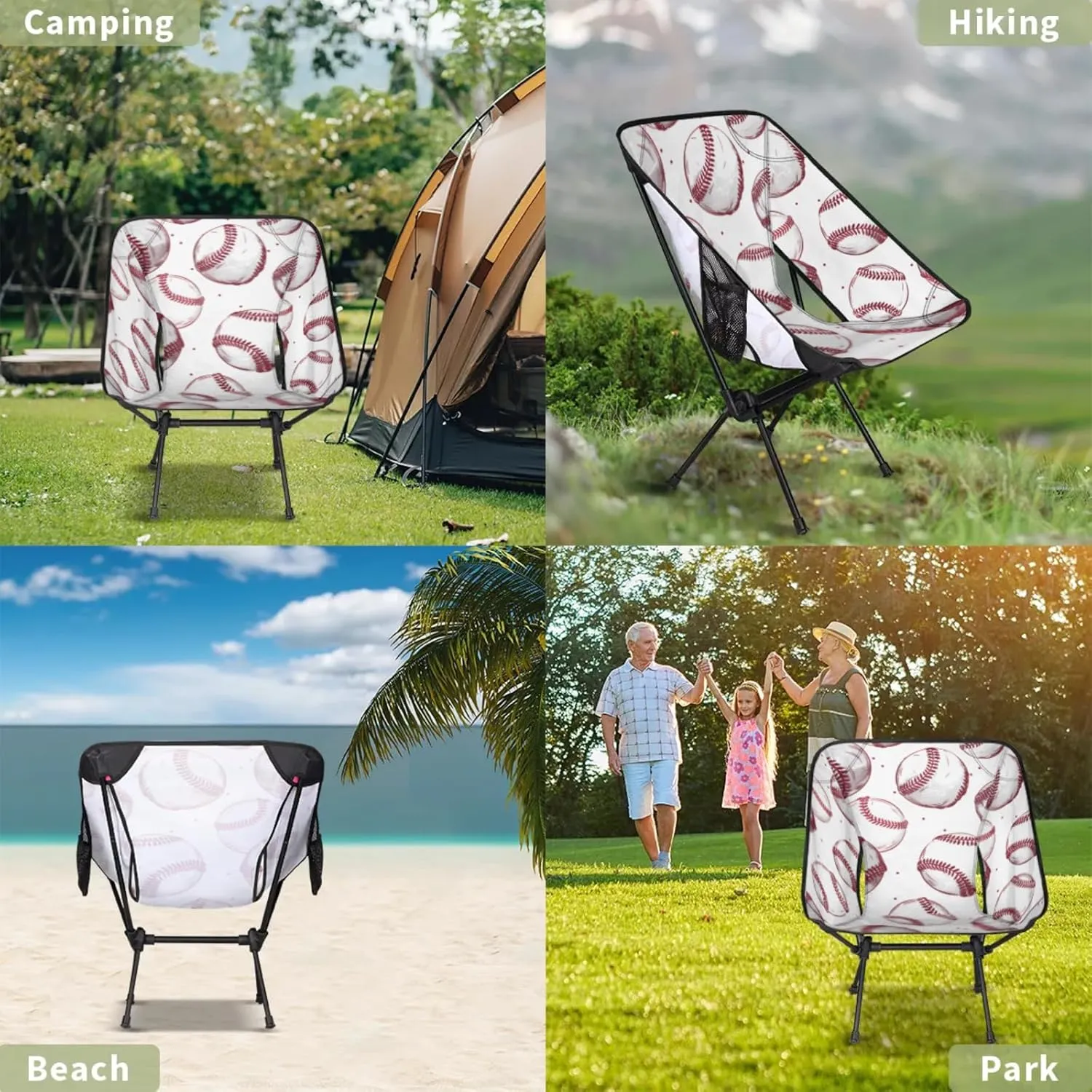 Honeybaby Folding Camping Chair Baseballs Printed Camping Chairs Lightweight Portable Chair Outdoor Foldable Chairs for Camping Travel Picnic Beach Hiking