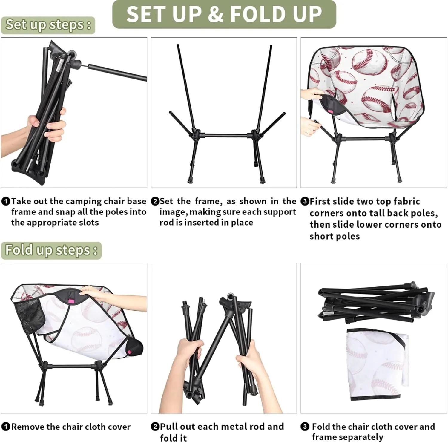 Honeybaby Folding Camping Chair Baseballs Printed Camping Chairs Lightweight Portable Chair Outdoor Foldable Chairs for Camping Travel Picnic Beach Hiking