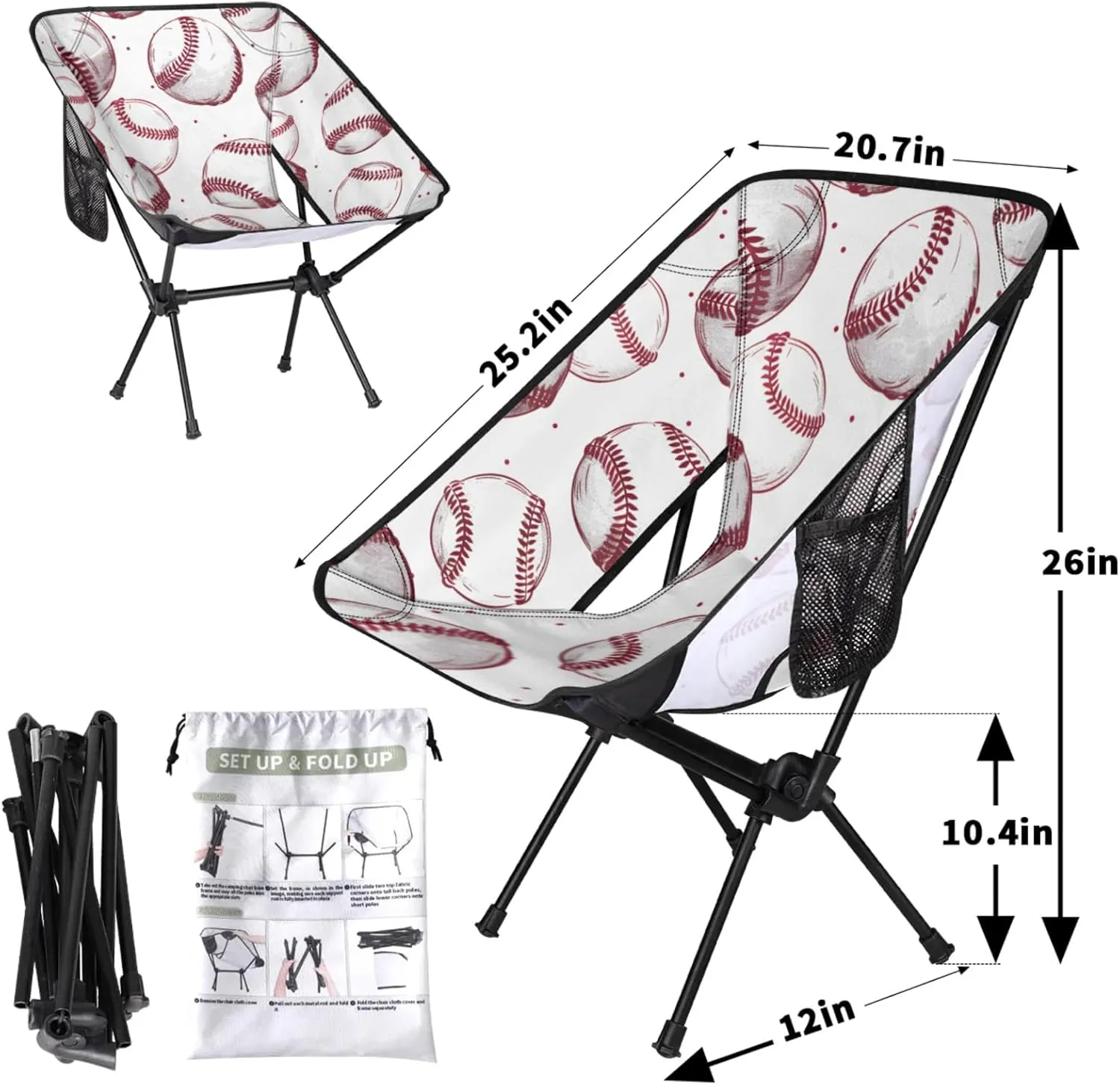 Honeybaby Folding Camping Chair Baseballs Printed Camping Chairs Lightweight Portable Chair Outdoor Foldable Chairs for Camping Travel Picnic Beach Hiking