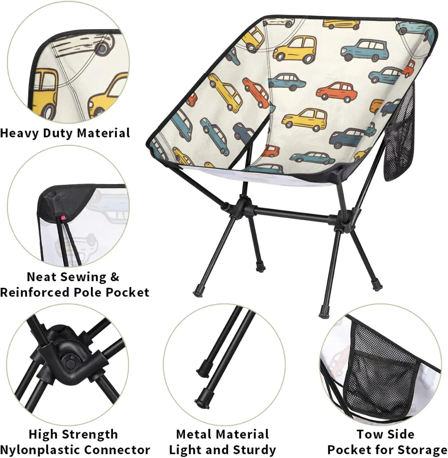 Honeybaby Folding Camping Chair Cartoon Cars Theme Camping Chairs Lightweight Portable Chair Outdoor Foldable Chairs for Camping Travel Picnic Beach Hiking