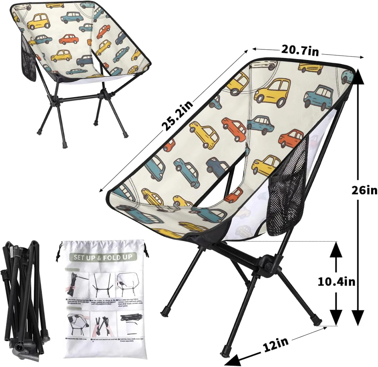 Honeybaby Folding Camping Chair Cartoon Cars Theme Camping Chairs Lightweight Portable Chair Outdoor Foldable Chairs for Camping Travel Picnic Beach Hiking