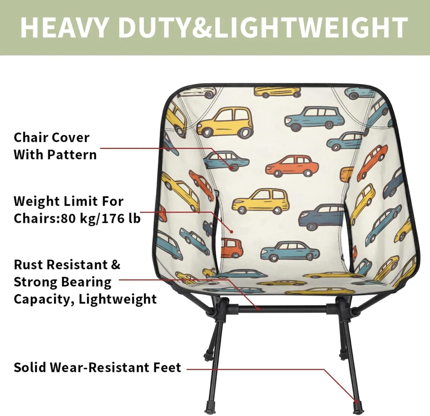 Honeybaby Folding Camping Chair Cartoon Cars Theme Camping Chairs Lightweight Portable Chair Outdoor Foldable Chairs for Camping Travel Picnic Beach Hiking