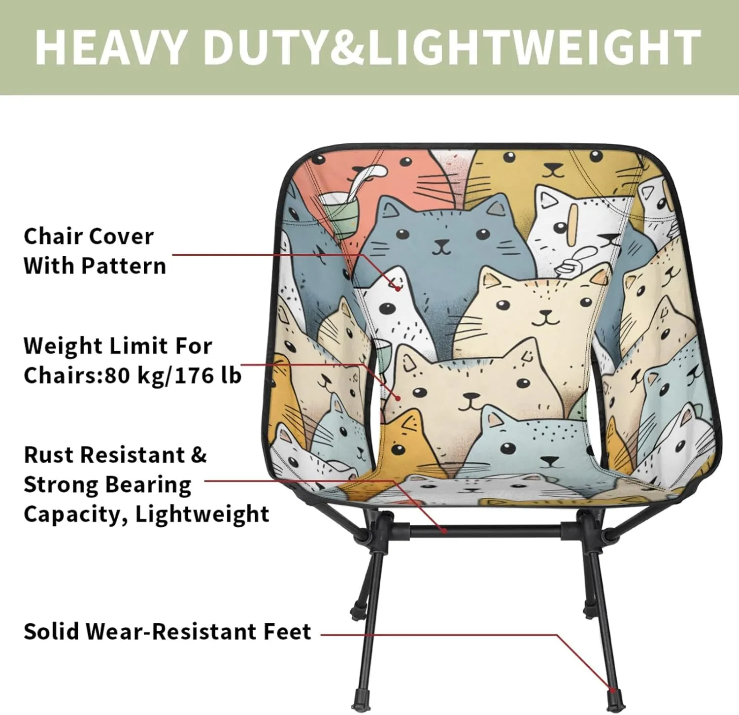 Honeybaby Folding Camping Chair Cartoon Cats Theme Camping Chairs Lightweight Portable Chair Outdoor Foldable Chairs for Camping Travel Picnic Beach Hiking