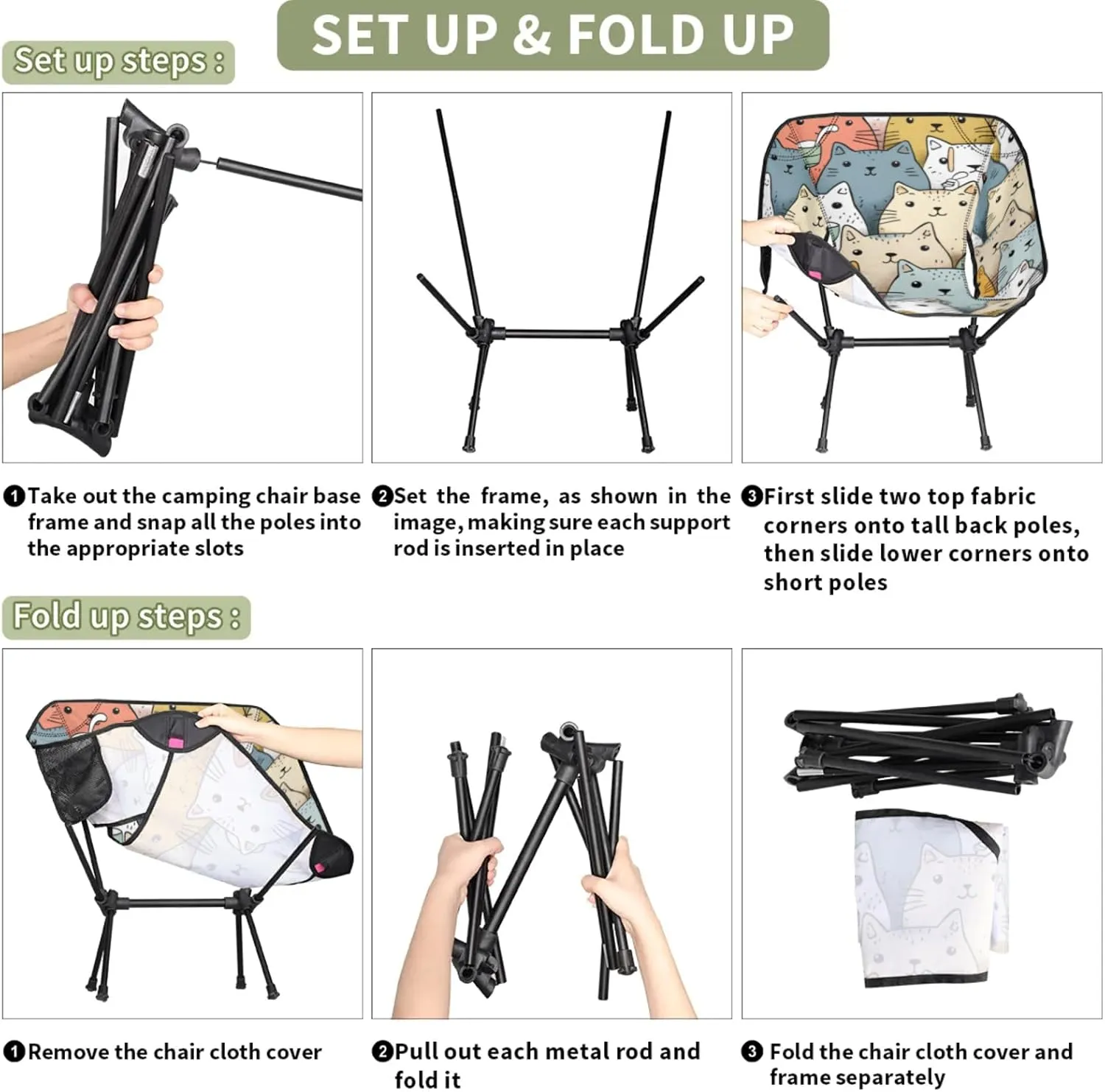 Honeybaby Folding Camping Chair Cartoon Cats Theme Camping Chairs Lightweight Portable Chair Outdoor Foldable Chairs for Camping Travel Picnic Beach Hiking
