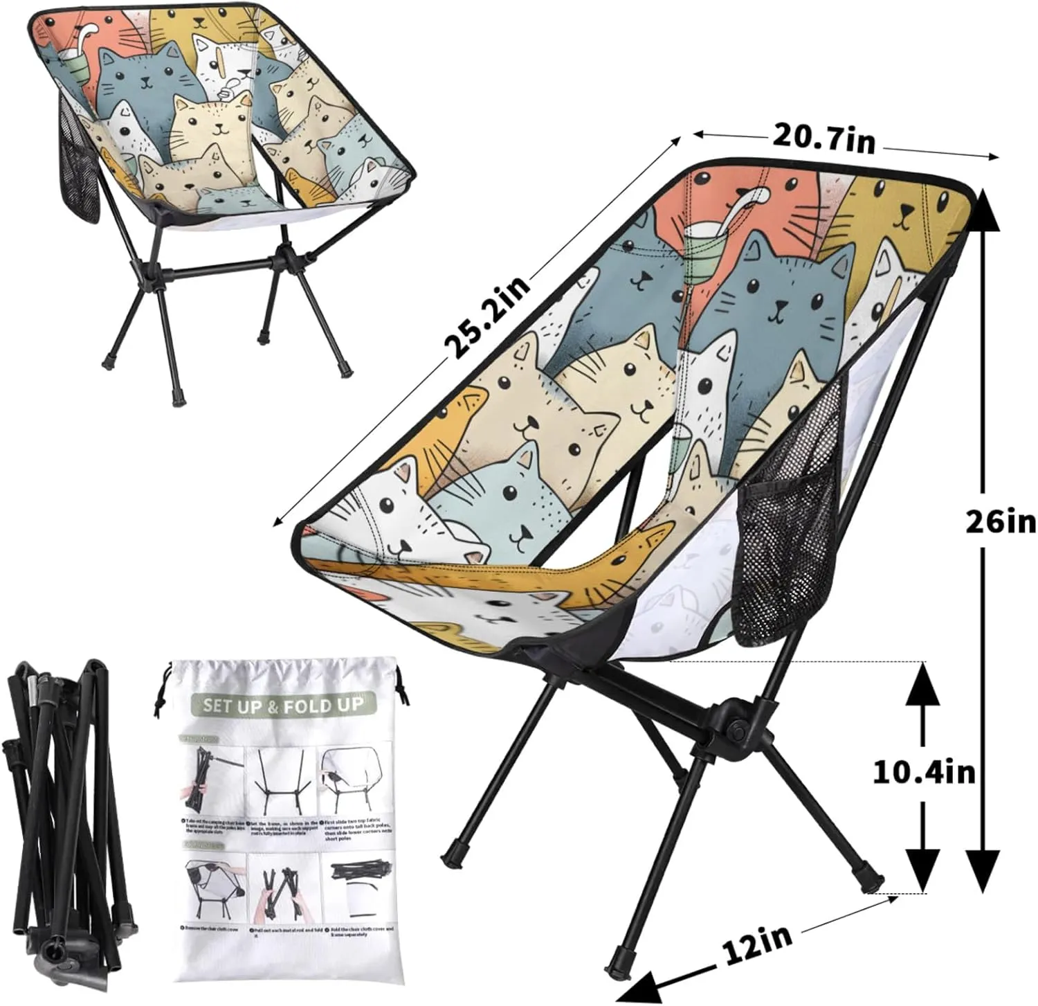 Honeybaby Folding Camping Chair Cartoon Cats Theme Camping Chairs Lightweight Portable Chair Outdoor Foldable Chairs for Camping Travel Picnic Beach Hiking