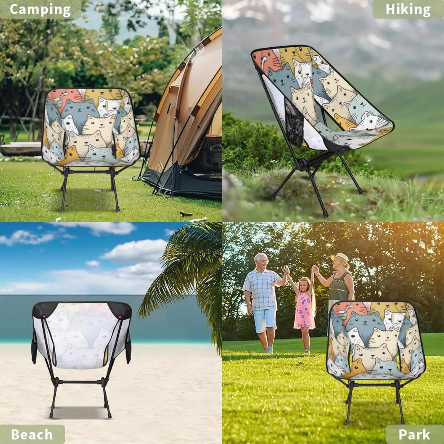 Honeybaby Folding Camping Chair Cartoon Cats Theme Camping Chairs Lightweight Portable Chair Outdoor Foldable Chairs for Camping Travel Picnic Beach Hiking