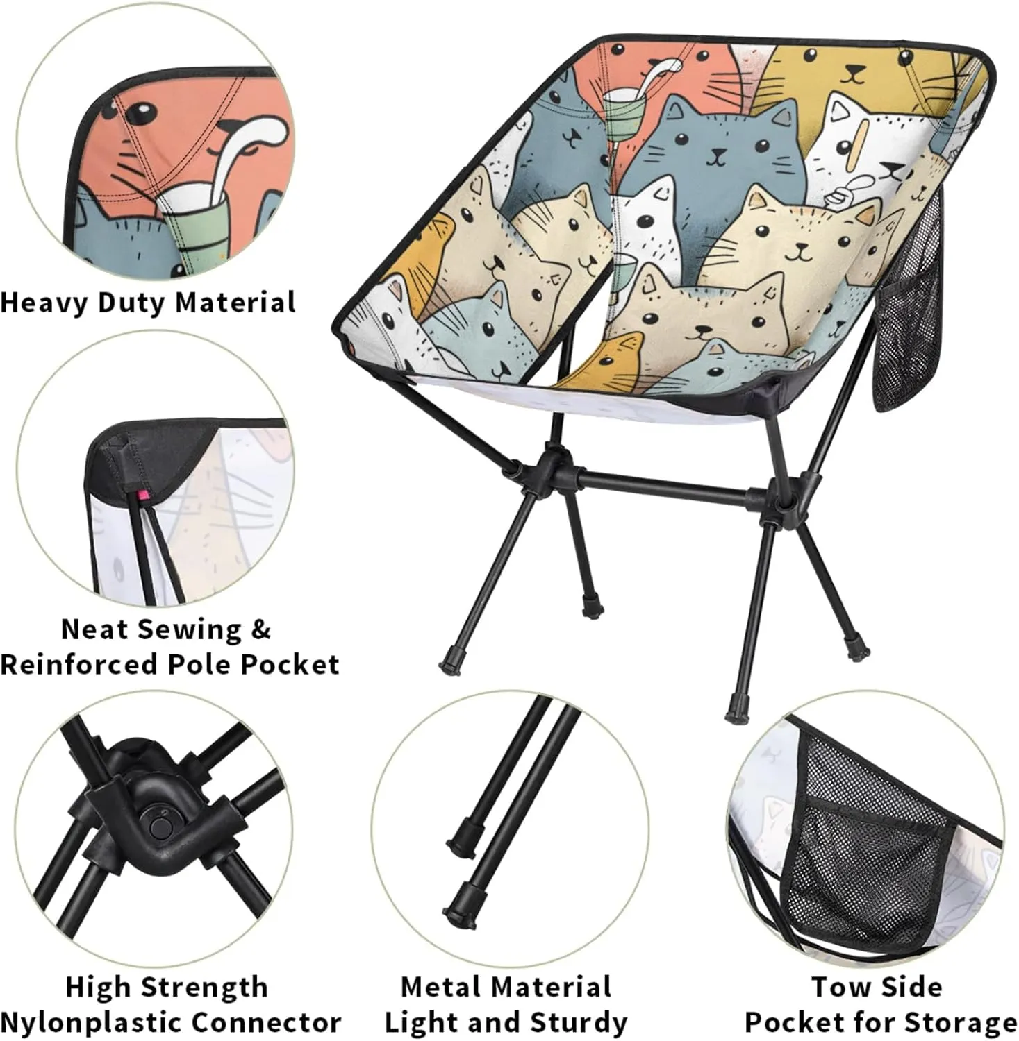 Honeybaby Folding Camping Chair Cartoon Cats Theme Camping Chairs Lightweight Portable Chair Outdoor Foldable Chairs for Camping Travel Picnic Beach Hiking