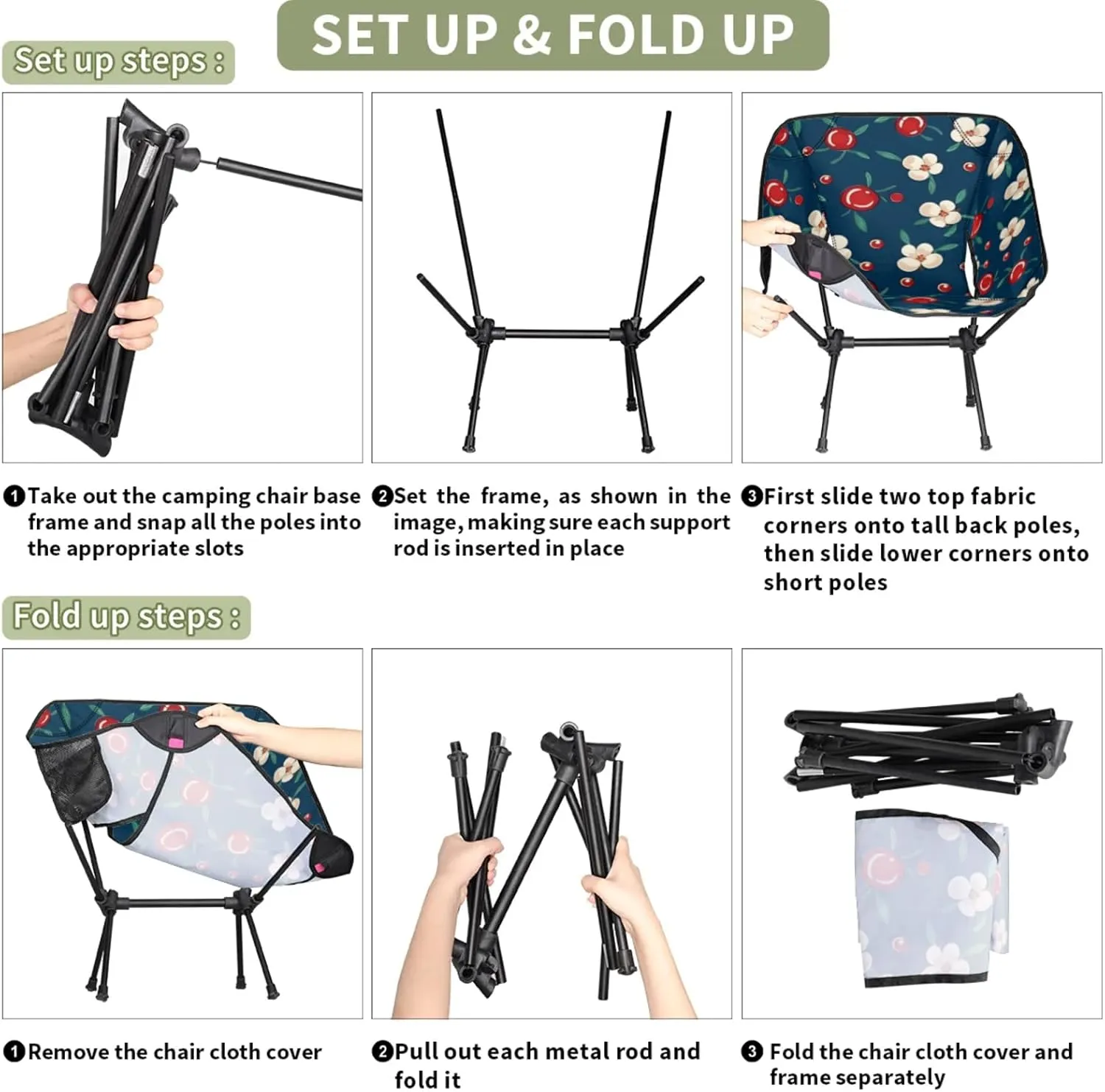 Honeybaby Folding Camping Chair Cherries Floral Camping Chairs Lightweight Portable Chair Outdoor Foldable Chairs for Camping Travel Picnic Beach Hiking