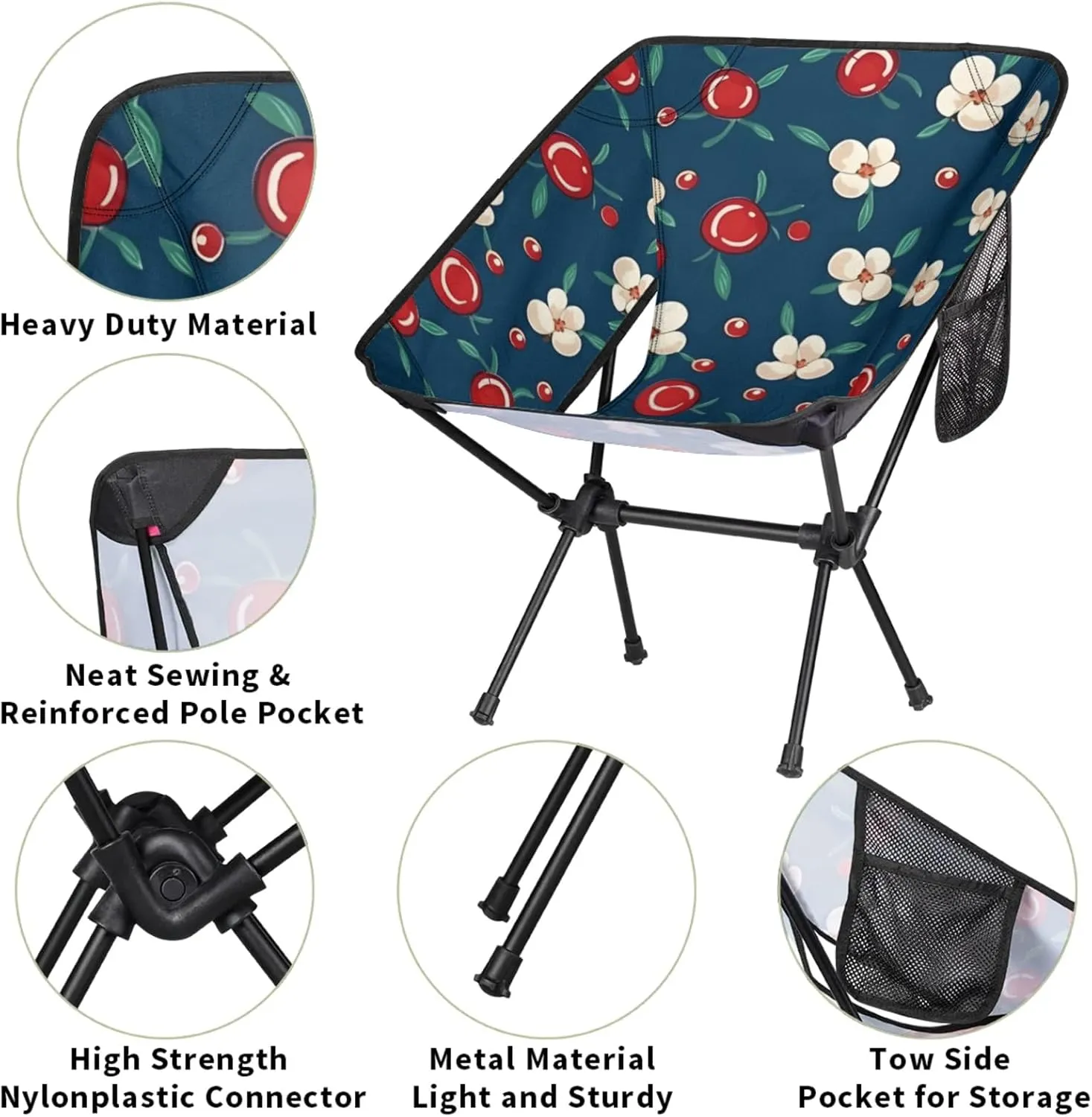 Honeybaby Folding Camping Chair Cherries Floral Camping Chairs Lightweight Portable Chair Outdoor Foldable Chairs for Camping Travel Picnic Beach Hiking