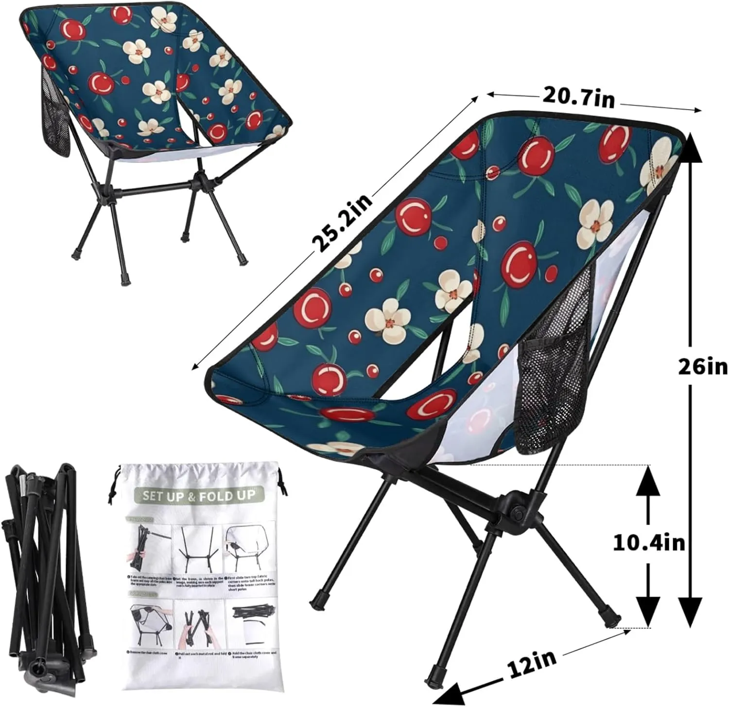 Honeybaby Folding Camping Chair Cherries Floral Camping Chairs Lightweight Portable Chair Outdoor Foldable Chairs for Camping Travel Picnic Beach Hiking