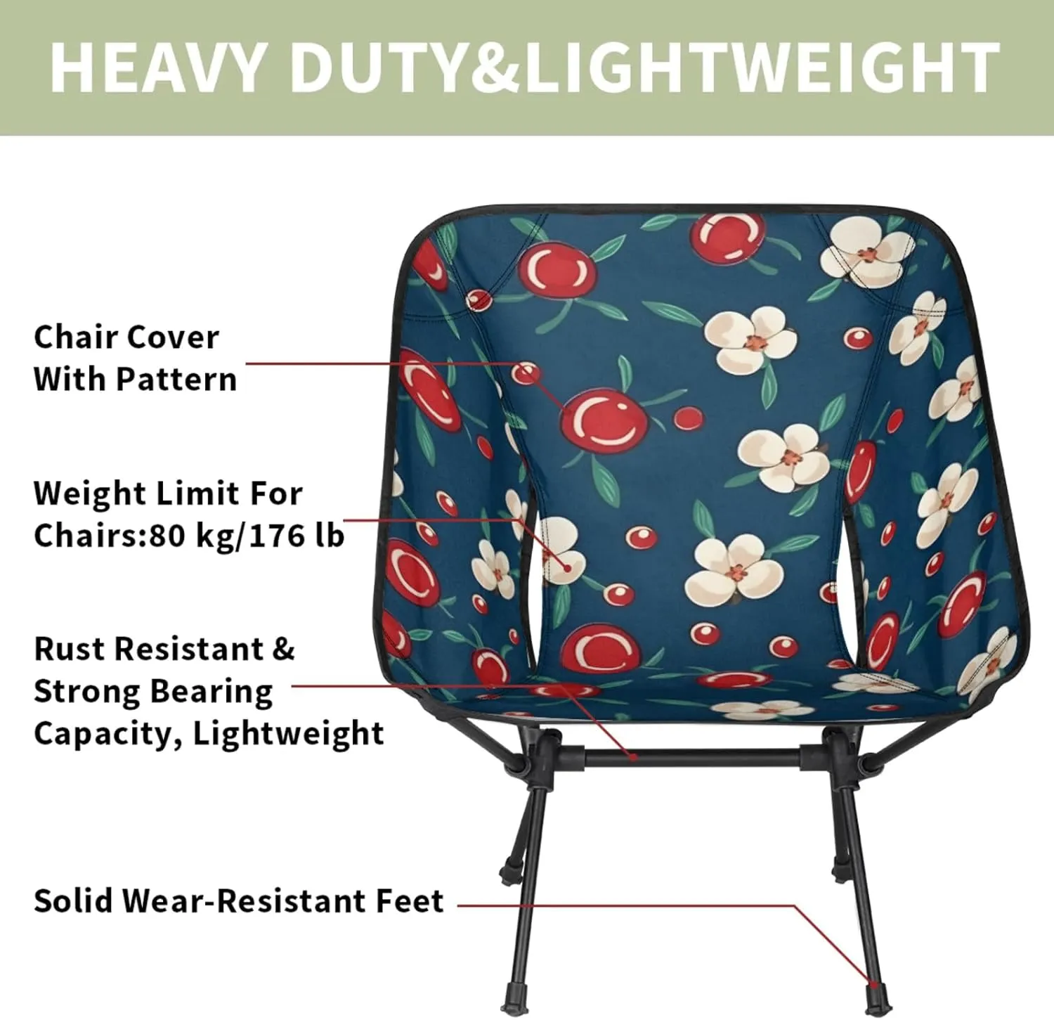 Honeybaby Folding Camping Chair Cherries Floral Camping Chairs Lightweight Portable Chair Outdoor Foldable Chairs for Camping Travel Picnic Beach Hiking