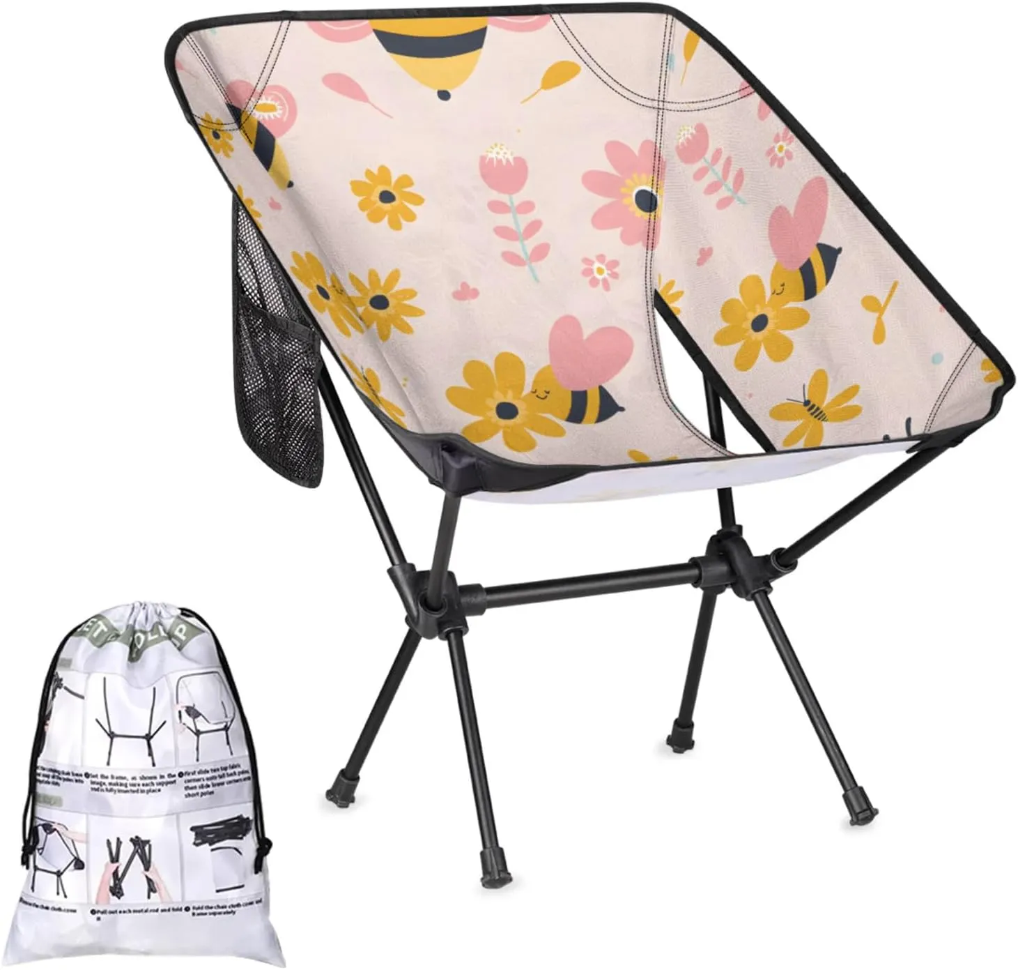 Honeybaby Folding Camping Chair Cute Bees Flower Camping Chairs Lightweight Portable Chair Outdoor Foldable Chairs for Camping Travel Picnic Beach Hiking