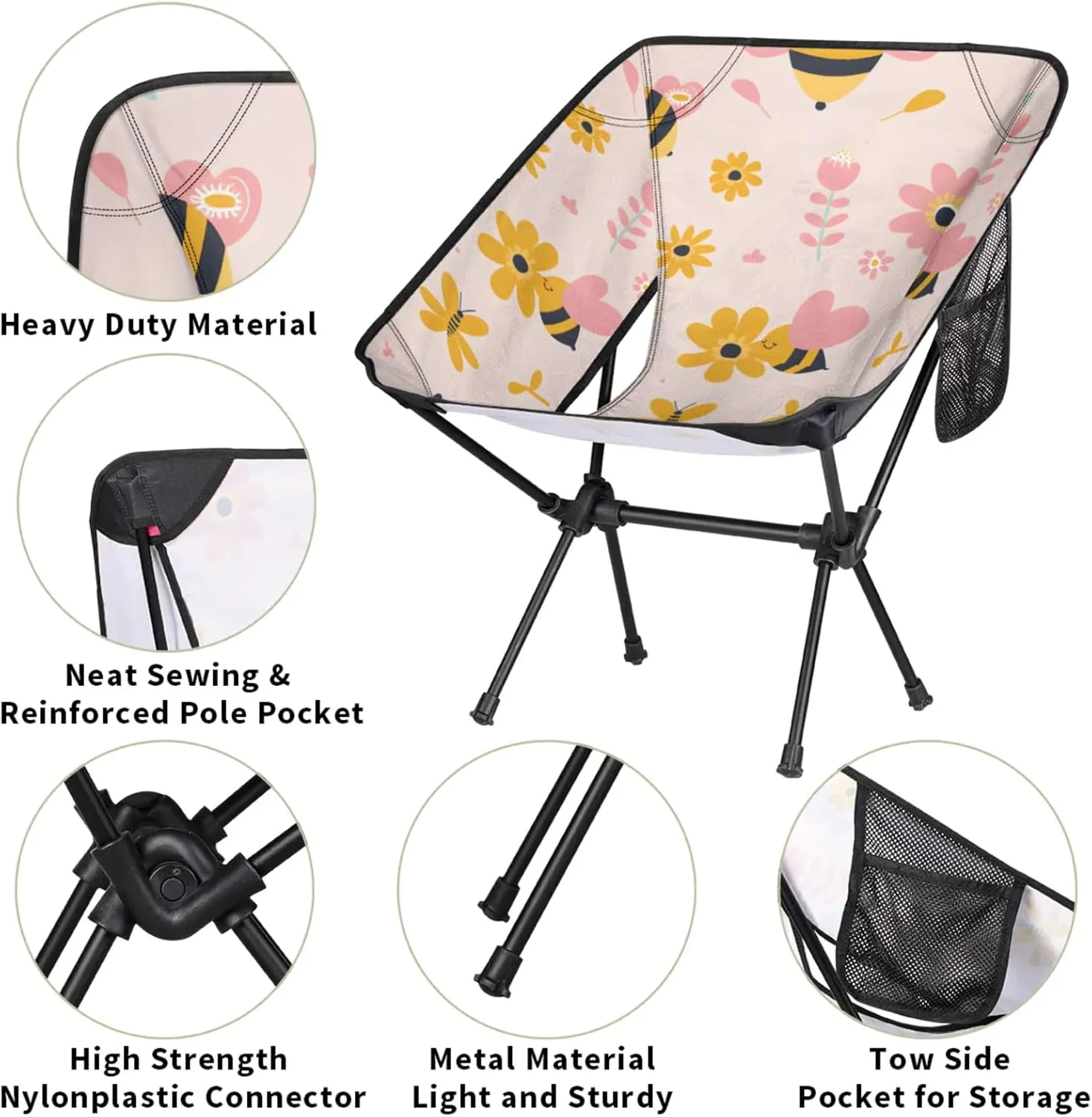 Honeybaby Folding Camping Chair Cute Bees Flower Camping Chairs Lightweight Portable Chair Outdoor Foldable Chairs for Camping Travel Picnic Beach Hiking