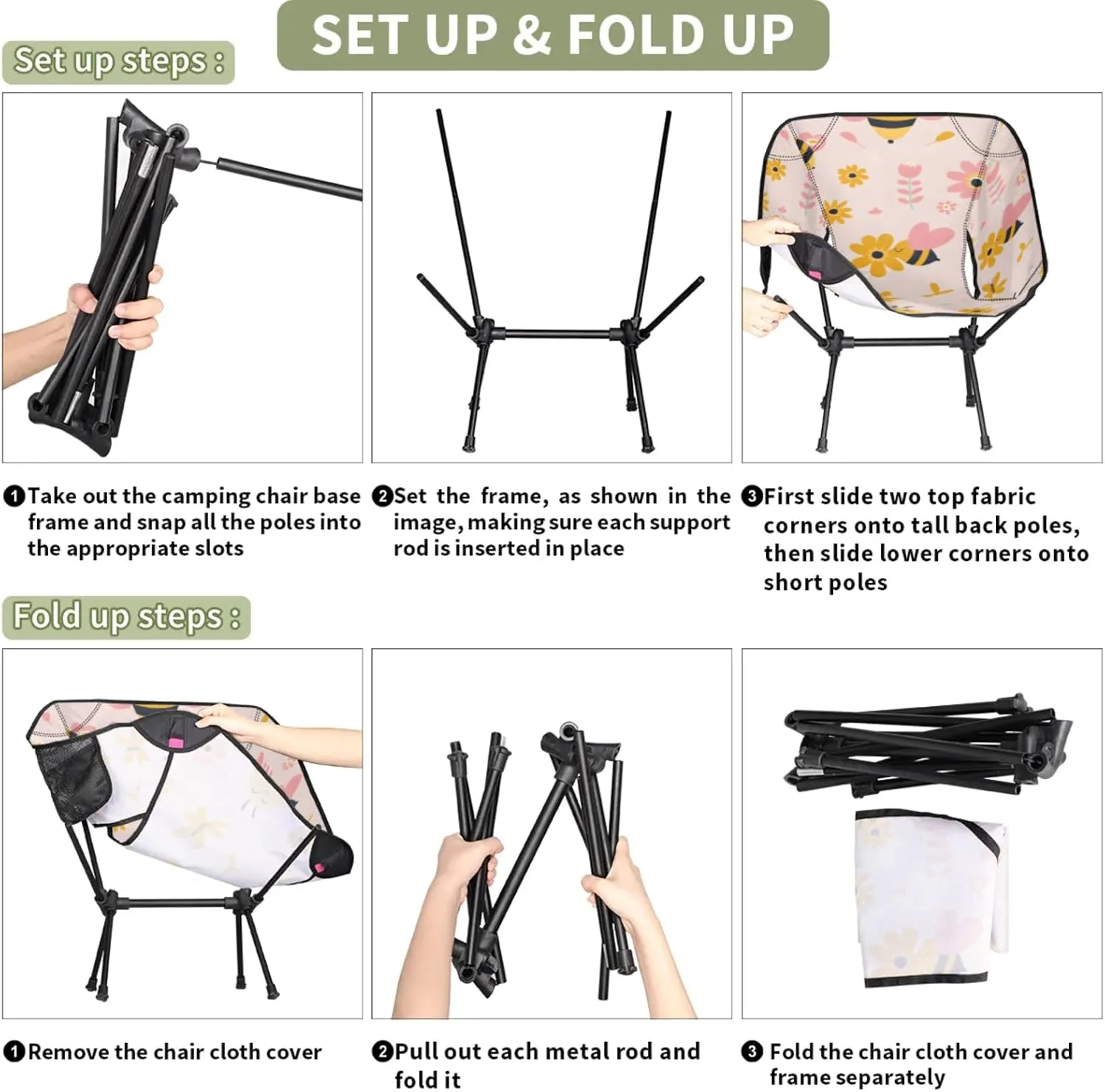 Honeybaby Folding Camping Chair Cute Bees Flower Camping Chairs Lightweight Portable Chair Outdoor Foldable Chairs for Camping Travel Picnic Beach Hiking