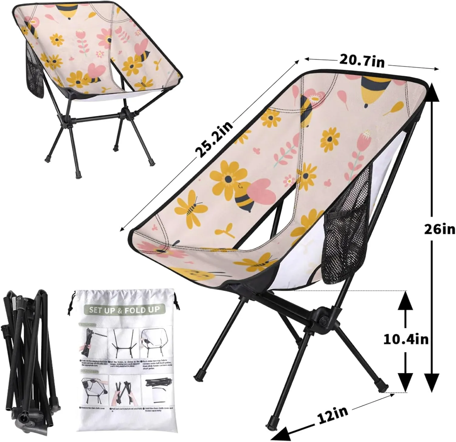 Honeybaby Folding Camping Chair Cute Bees Flower Camping Chairs Lightweight Portable Chair Outdoor Foldable Chairs for Camping Travel Picnic Beach Hiking
